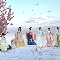 Multiple Women In Traditional Costumes Standing Under Cherry Blossom Tree With Falling Petals