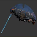 Man Wearing Shiny Blue Armor Holding Glowing Sword with Orange Gloves