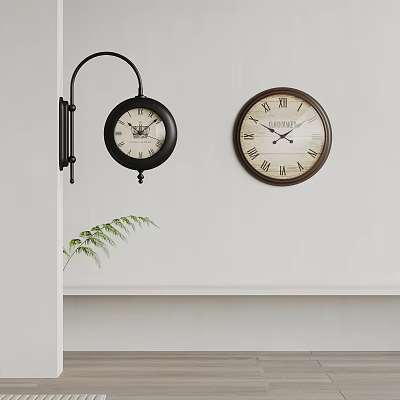 Two Elegant Wall Clocks With Roman Numerals Hanging On White Wall And Green Plant 3d model