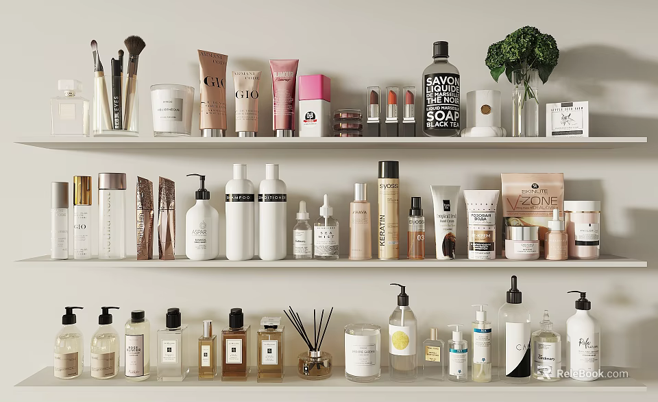 Elegant Perfumes And Cosmetics Display On Shelves With Various Bottles Jars And Brushes 3d model 