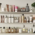 Elegant Perfumes And Cosmetics Display On Shelves With Various Bottles Jars And Brushes