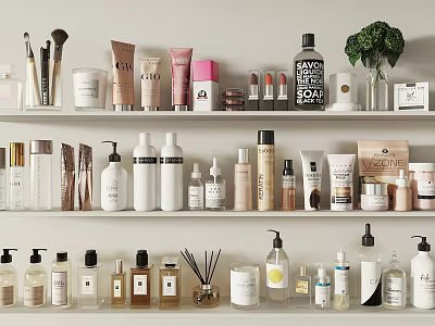 Elegant Perfumes And Cosmetics Display On Shelves With Various Bottles Jars And Brushes 3d model