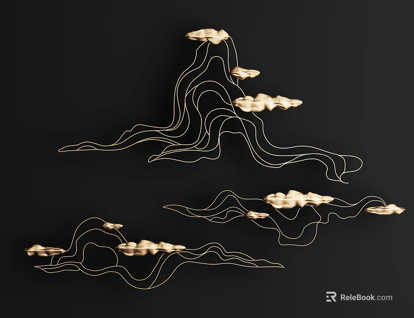 Modern Gold Wall Decor with Linear Lines and Cloud Shapes 3d model