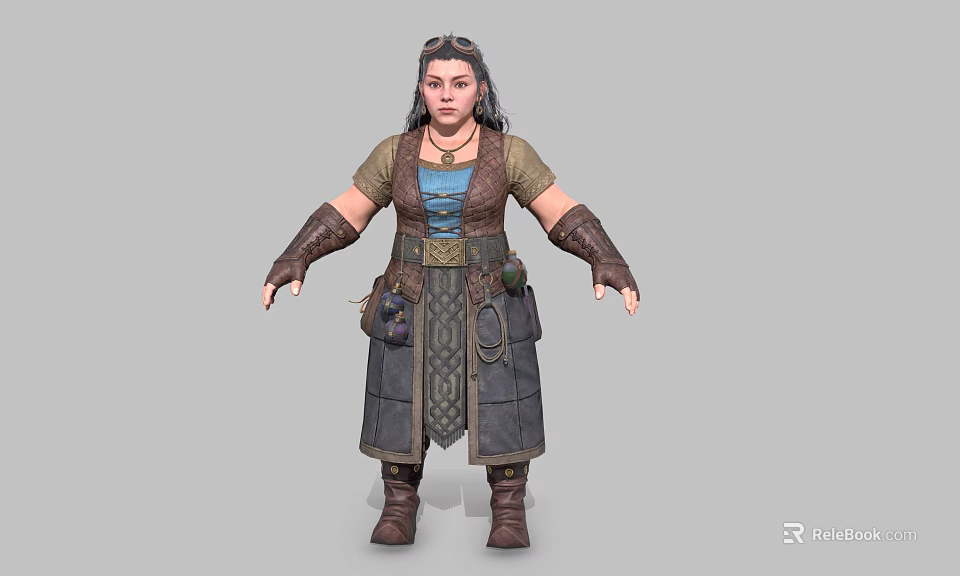 Detailed 3D Female Fantasy Character In Medieval Outfit With Leather Armor And Braided Hair 3d model 