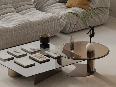 Gray Tufted Sofa and Glass Coffee Table Set with Metal Legs Books Plant and Decorations 3d model