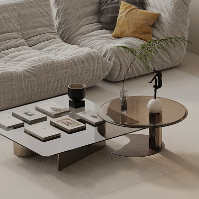 Gray Tufted Sofa and Glass Coffee Table Set with Metal Legs Books Plant and Decorations 3d model