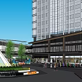 Modern Commercial Street With High Rise Buildings Low Rise Structures And Green Spaces