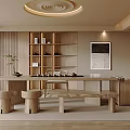 Serene Tea Room With Wooden Furniture Shelf Tea Sets And Mountain View