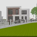 Modern Two Story Detached Villa Exterior With Large Glass Windows Palm Trees And Front Gate