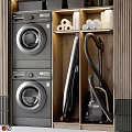 Modern Bathroom Accessories Storage Space With Wooden Cabinetry Toilet Paper Rolls And Laundry Appliances