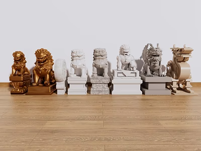 Stone Lion Sculptures in Different Materials for Decorative Display on Wooden Floor 3d model