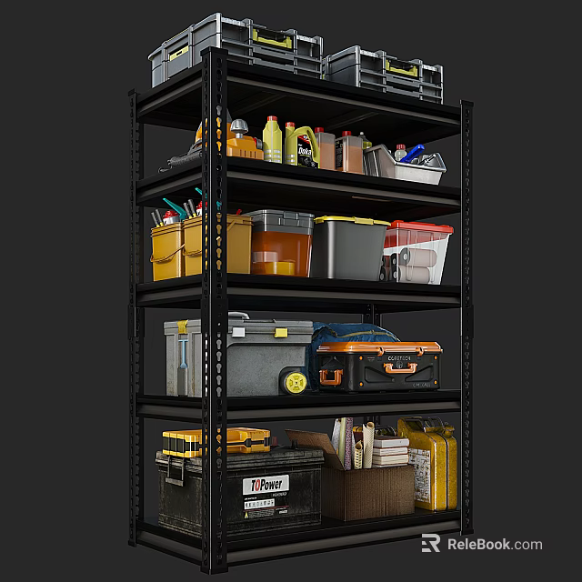 Black Multi Tier Shelving Unit with Toolboxes Storage Boxes Bottles and Books 3d model 