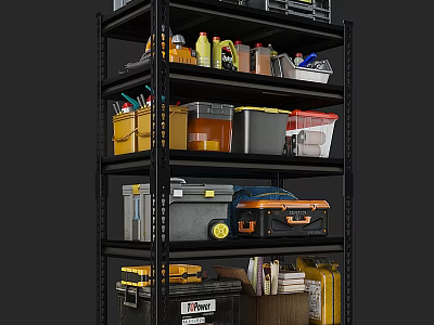 Black Multi Tier Shelving Unit with Toolboxes Storage Boxes Bottles and Books 3d model
