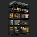 Black Multi Tier Shelving Unit with Toolboxes Storage Boxes Bottles and Books