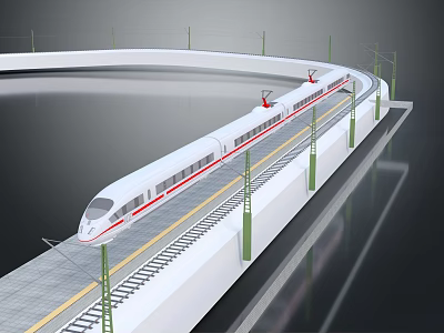 Modern High Speed Train Moving On Elevated Railway Track With Streamlined Design 3d model
