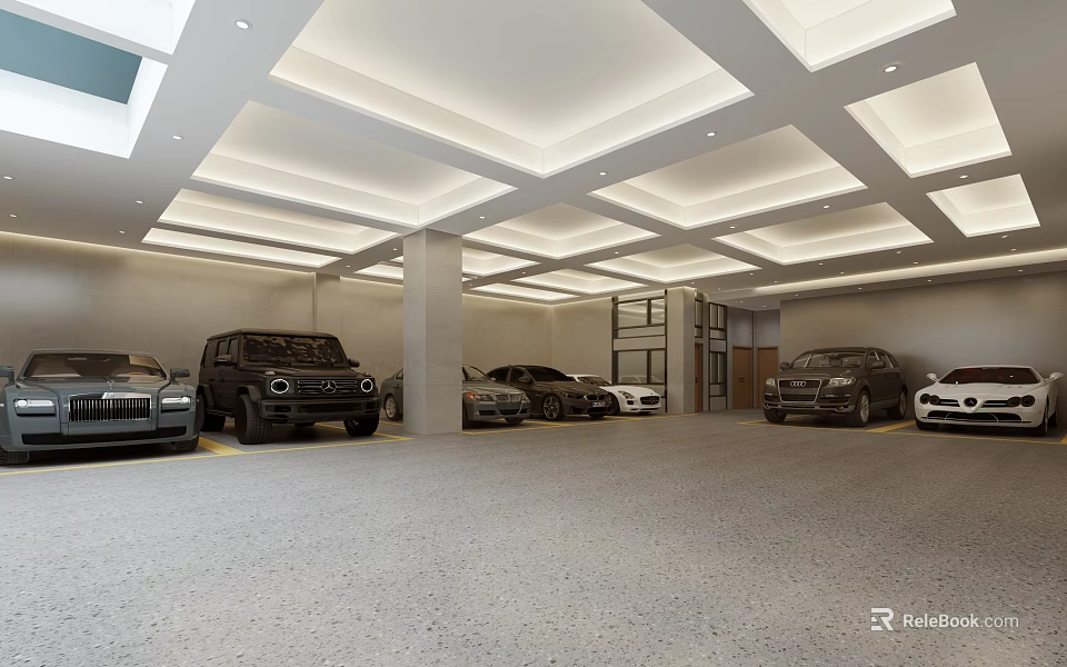 Modern Indoor Parking Garage With Spacious Layout And Luxury Cars Well Lit Ceiling Design 3d model 