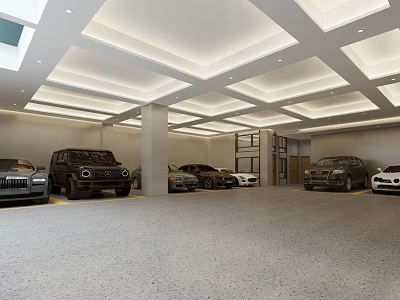 Modern Indoor Parking Garage With Spacious Layout And Luxury Cars Well Lit Ceiling Design 3d model