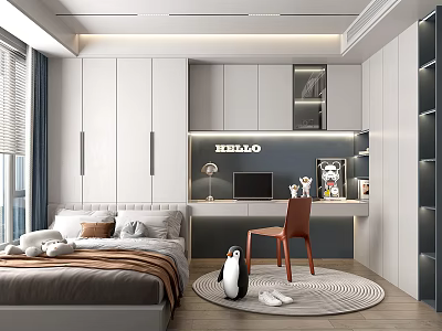 Modern Tatami Bedroom Interior With Desk Wardrobes Round Rug Lighting And Window Blinds 3d model