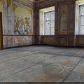 Elegant Historic Room Featuring Wooden Door Mural Paintings Windows Small Table And Wooden Floor