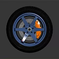 Car Tire With Blue Wheel Rim Orange Brake Caliper And Tread Pattern On Gray Background