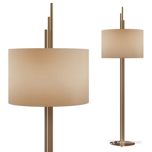 Sleek Modern Floor Lamp Featuring Beige Drum Shade And Brass Metal Base 3d model 