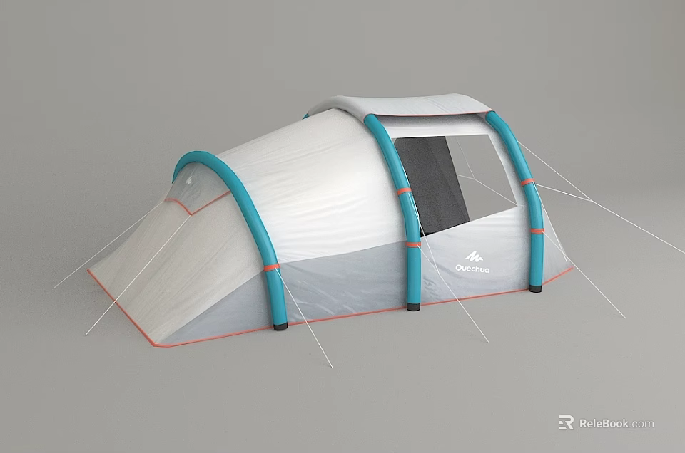 Modern Camping Tent with White Canopy Blue Support Poles Black Mesh Window and Orange Base 3d model 