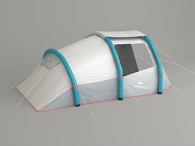 Modern Camping Tent with White Canopy Blue Support Poles Black Mesh Window and Orange Base 3d model