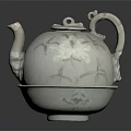 Elegant Light Gray Ceramic Teapot With Artistic Patterns And Saucer On Black Background 3d model