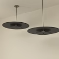 Two Black Circular Pendant Lights Hanging From Light Colored Ceiling With Light Walls 3d model