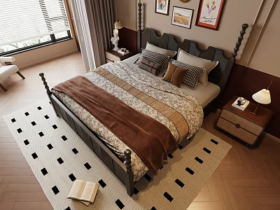 Double Bed with Wooden Poster Frame Striped Bedding Pillows Nightstands Lamps and Geometric Rug 3d model