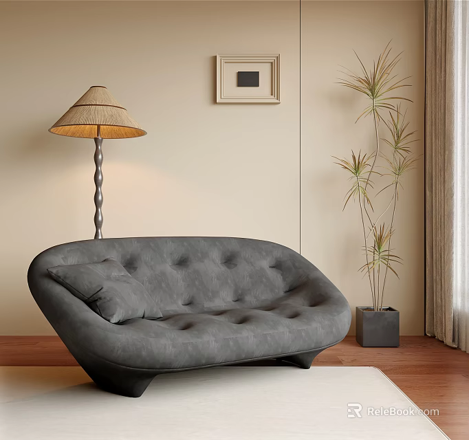 Modern Grey Multi Person Sofa with Arched Design Button Tufted and Floor Lamp Potted Plant 3d model 