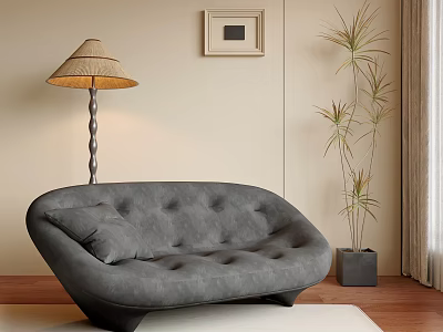 Modern Grey Multi Person Sofa with Arched Design Button Tufted and Floor Lamp Potted Plant 3d model