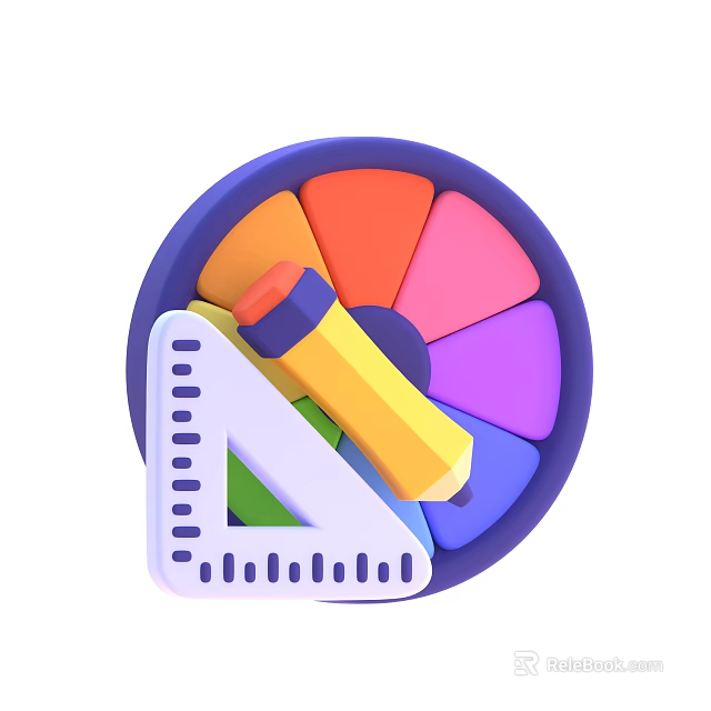 Colorful Pencil Placed On Triangular Ruler With Round Color Wheel Design 3d model