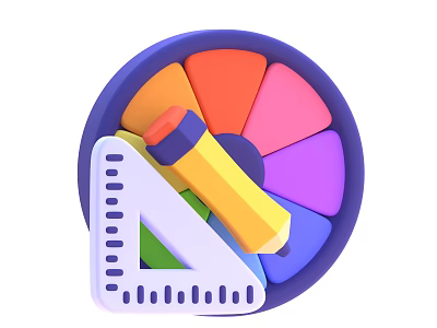Colorful Pencil Placed On Triangular Ruler With Round Color Wheel Design 3d model