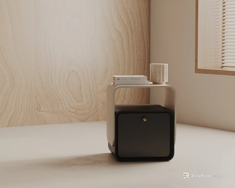 Minimalist Side Table With Black Cabinet Transparent Top Wooden Wall Books Glass Near Window Blinds 3d model 