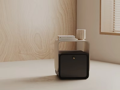 Minimalist Side Table With Black Cabinet Transparent Top Wooden Wall Books Glass Near Window Blinds 3d model