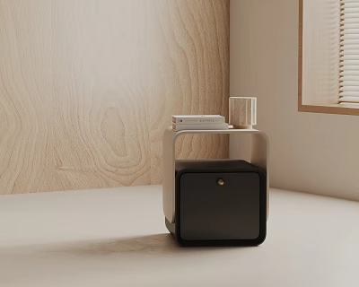 Minimalist Side Table With Black Cabinet Transparent Top Wooden Wall Books Glass Near Window Blinds 3d model