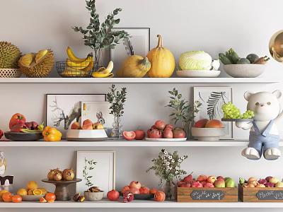 Assorted Fresh Fruits Display On Decorative Shelves With Plants And Frames 3d model