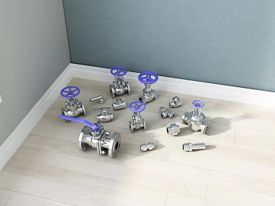 Industrial Valves With Silver Body Blue Handles And Multiple Fittings Scattered On Floor 3d model