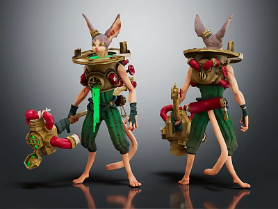 Anthropomorphic Rodent Like Biomechanical Character With Green Red Outfit Large Ears And Weapon 3d model