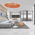 Modern Office Reception Desk with Marble Backdrop and Professional Receptionist Company Logo and Bright Interior