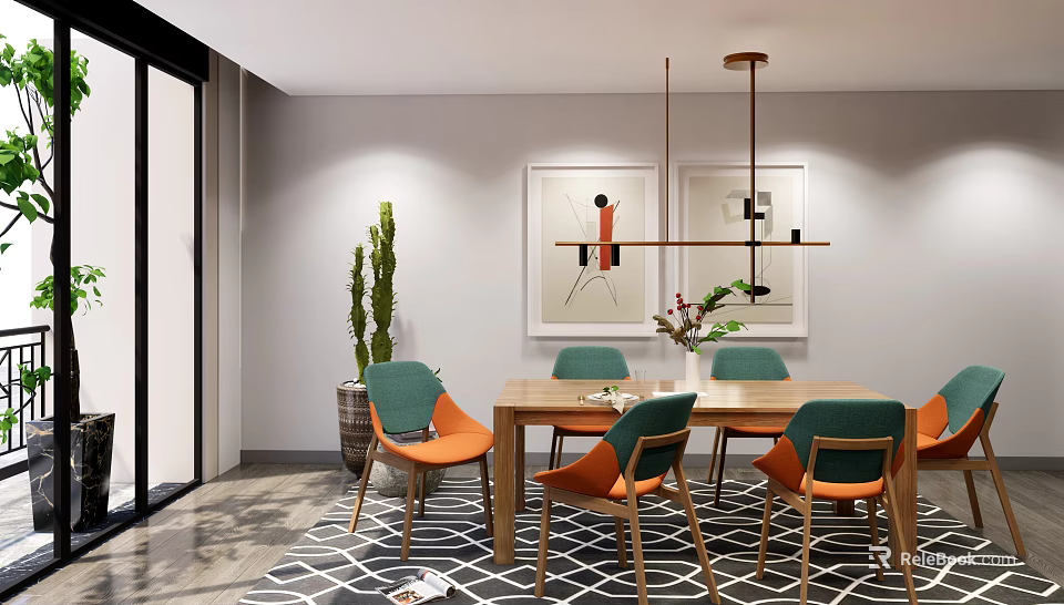 Modern Wooden Dining Table Set With Green Orange Chairs Pendant Light And Abstract Paintings 3d model 