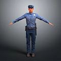 Policeman in Blue Uniform Standing with Arms Outstretched on Gray Background