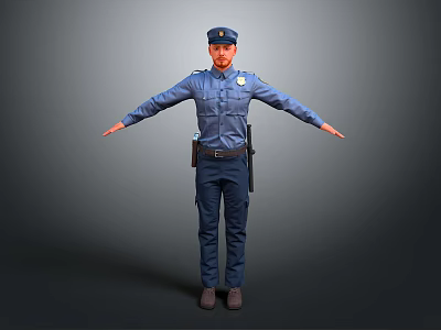 Policeman in Blue Uniform Standing with Arms Outstretched on Gray Background 3d model