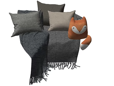 Cozy Gray Knitted Throw Pillows With Fox Plush Toy And Soft Blanket 3d model