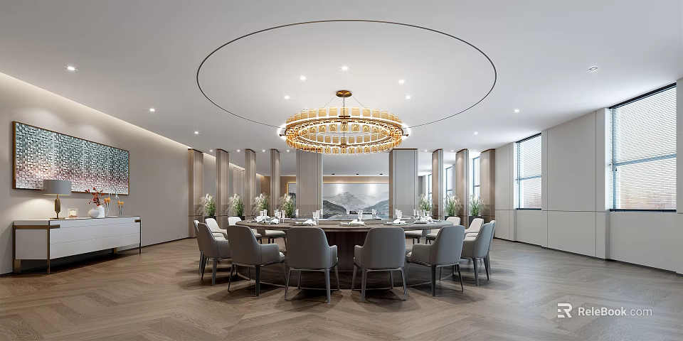 Elegant Private Dining Room With Round Table Gray Chairs And Chandelier 3d model