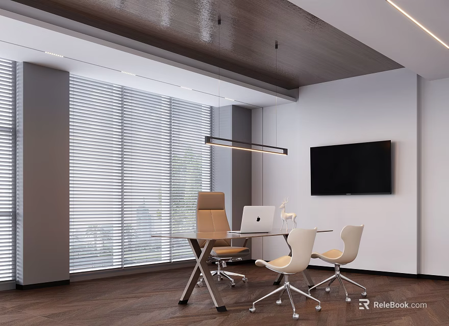Modern Office Desk In Bright Workspace With Chairs Window Blinds TV Screen And Lighting 3d model 
