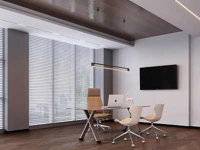 Modern Office Desk In Bright Workspace With Chairs Window Blinds TV Screen And Lighting 3d model