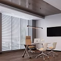 Modern Office Desk In Bright Workspace With Chairs Window Blinds TV Screen And Lighting