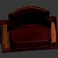Stylish Vintage Red Upholstered Chair Featuring Wooden Armrests Against Dark Background